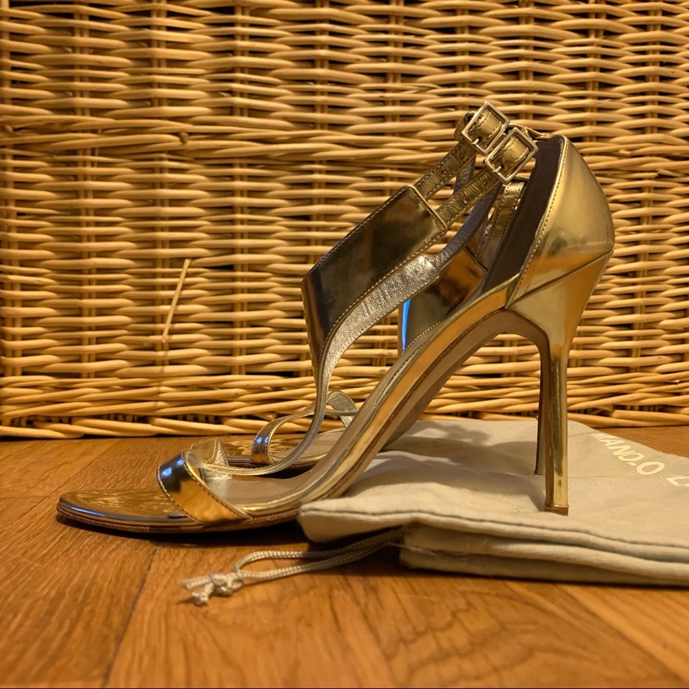 Manolo Blahnik gold heels strappy open toe sandal